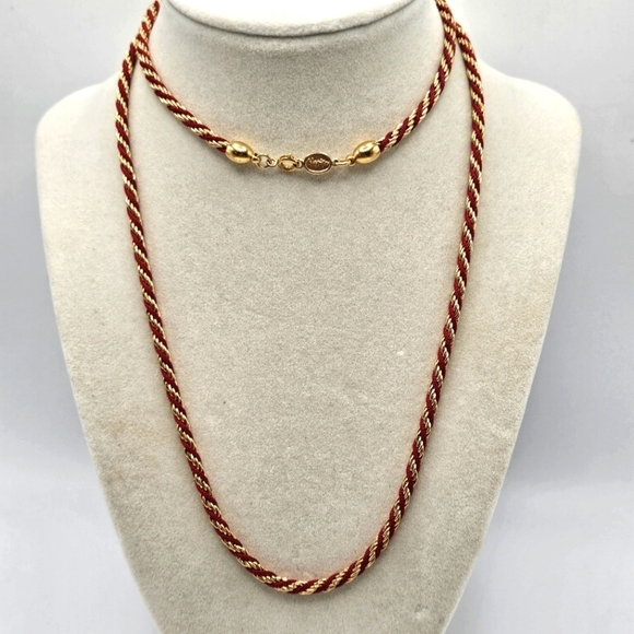 VINTAGE Napier Twisted Rope Red Cord & Gold Plated 30" Necklace - Picture 1 of 6